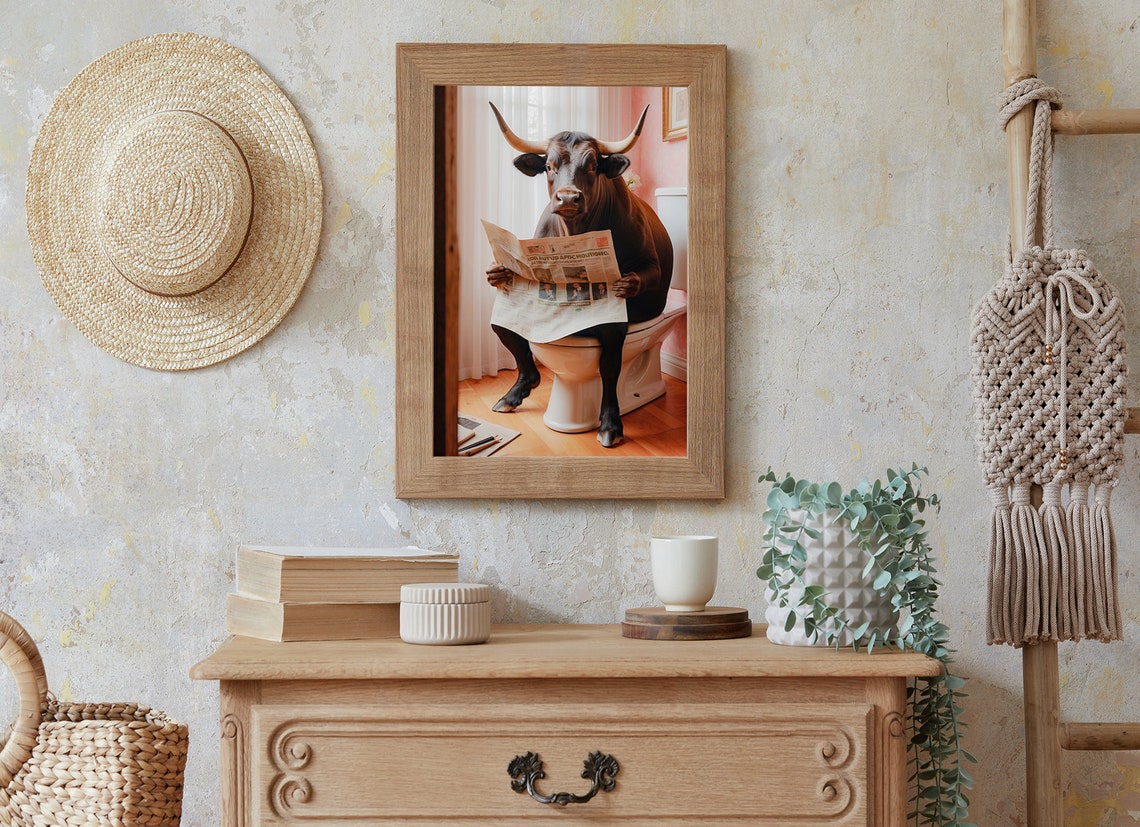 Longhorn Bull Reading Newspaper On Toilet Funny Animal Poster - Image 2