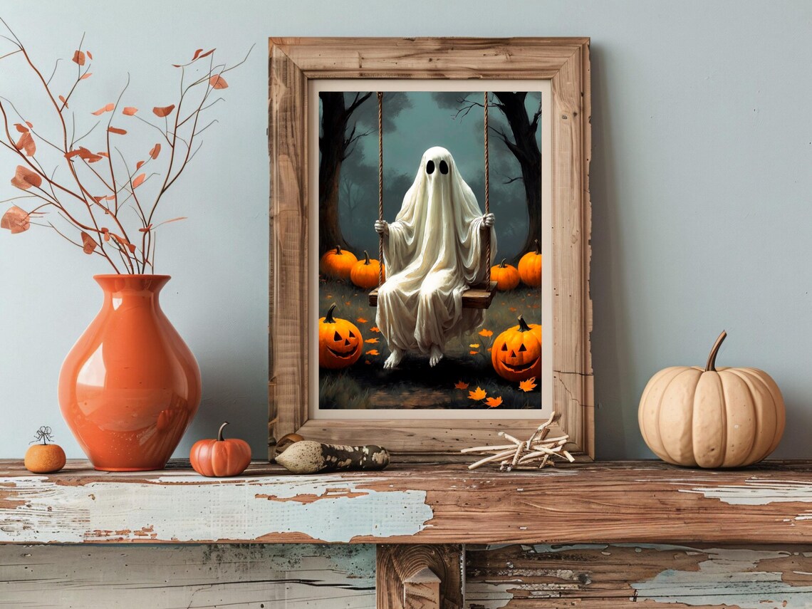 Ghost Sitting On A Tree Swing Surrounded By Jack O Lanterns Halloween Art Print - Image 2