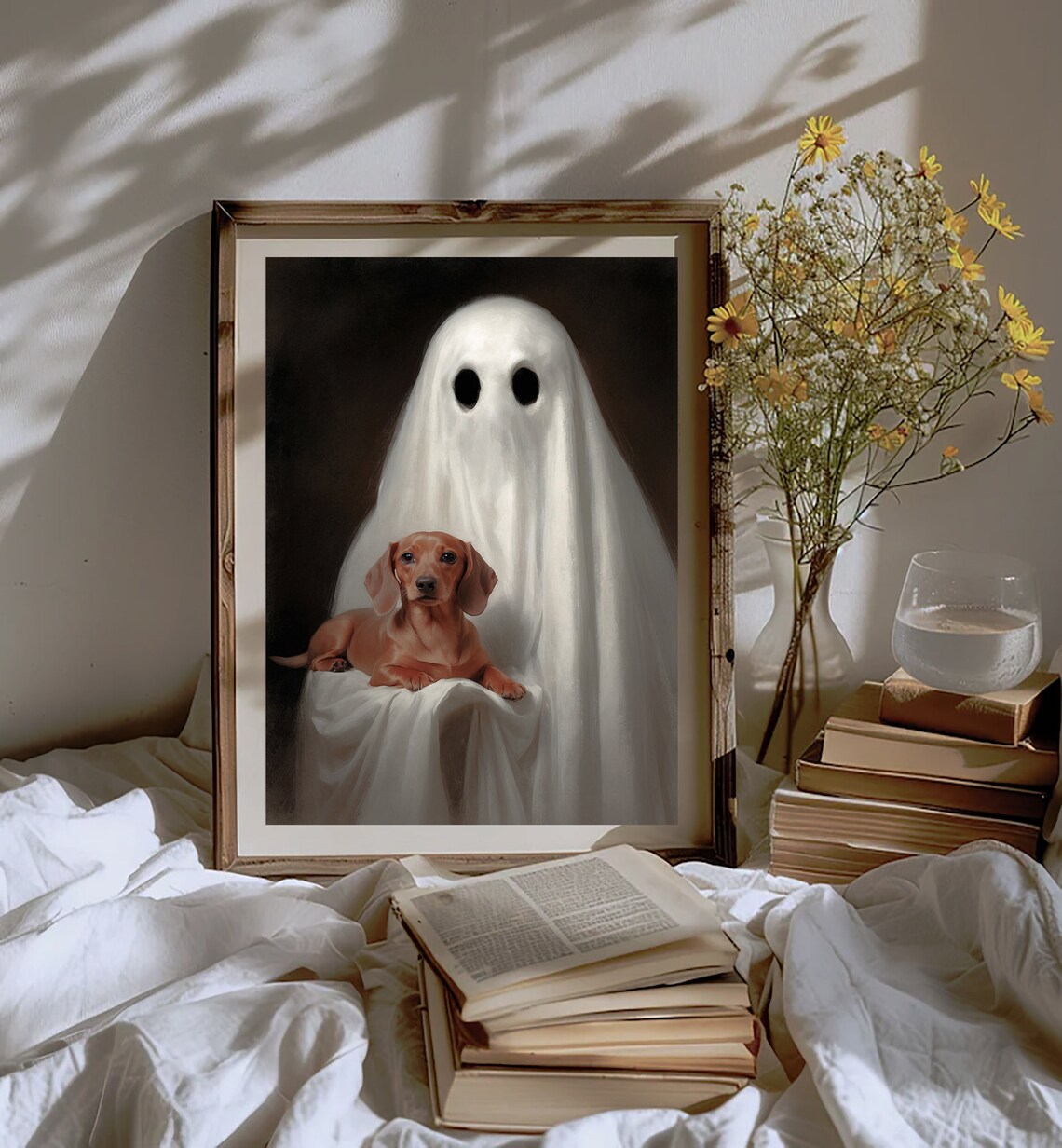 Cute Ghost Holding Dachshund Dark Romantic Halloween Portrait Painting Poster - Image 2