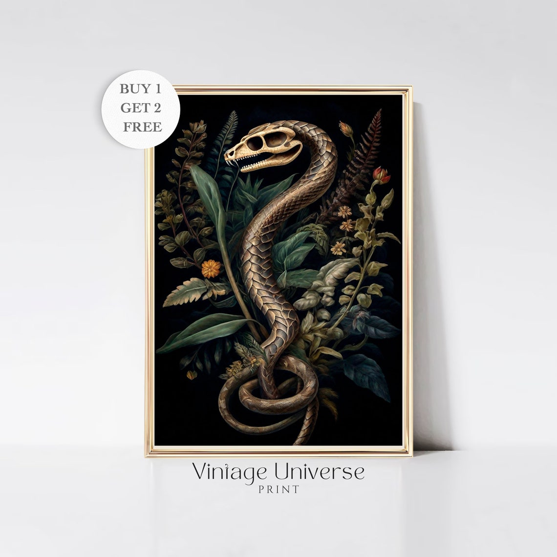 Skeleton Snake Wrapped in Dark Botanical Foliage Gothic Poster