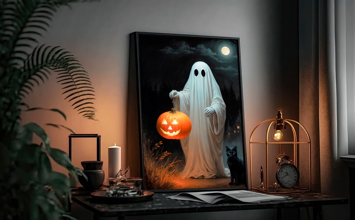 Ghost Carrying A Jack O Lantern Under A Full Moon With A Black Cat Art Print - Image 2