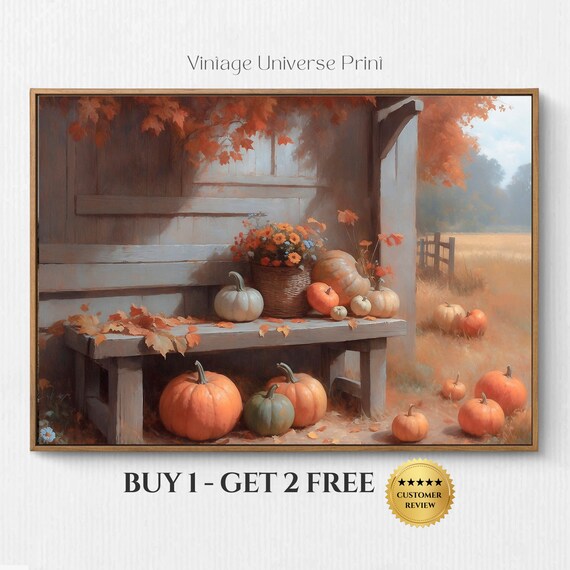 Fall Porch Bench With Pumpkins Autumn Flowers Rustic Decor Poster
