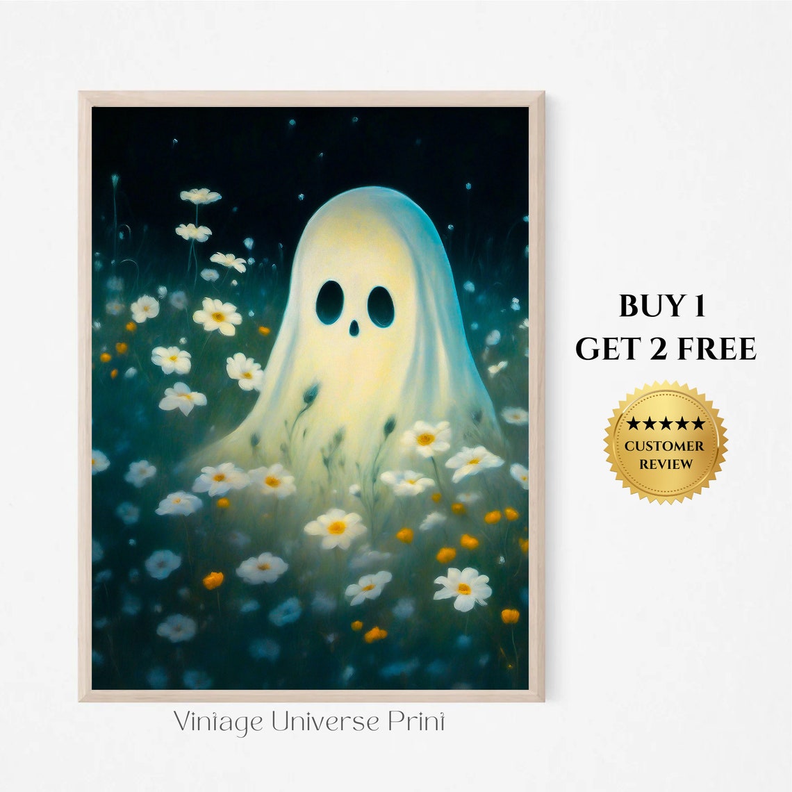Cute Ghost in Daisy Meadow at Night Vintage Halloween Poster