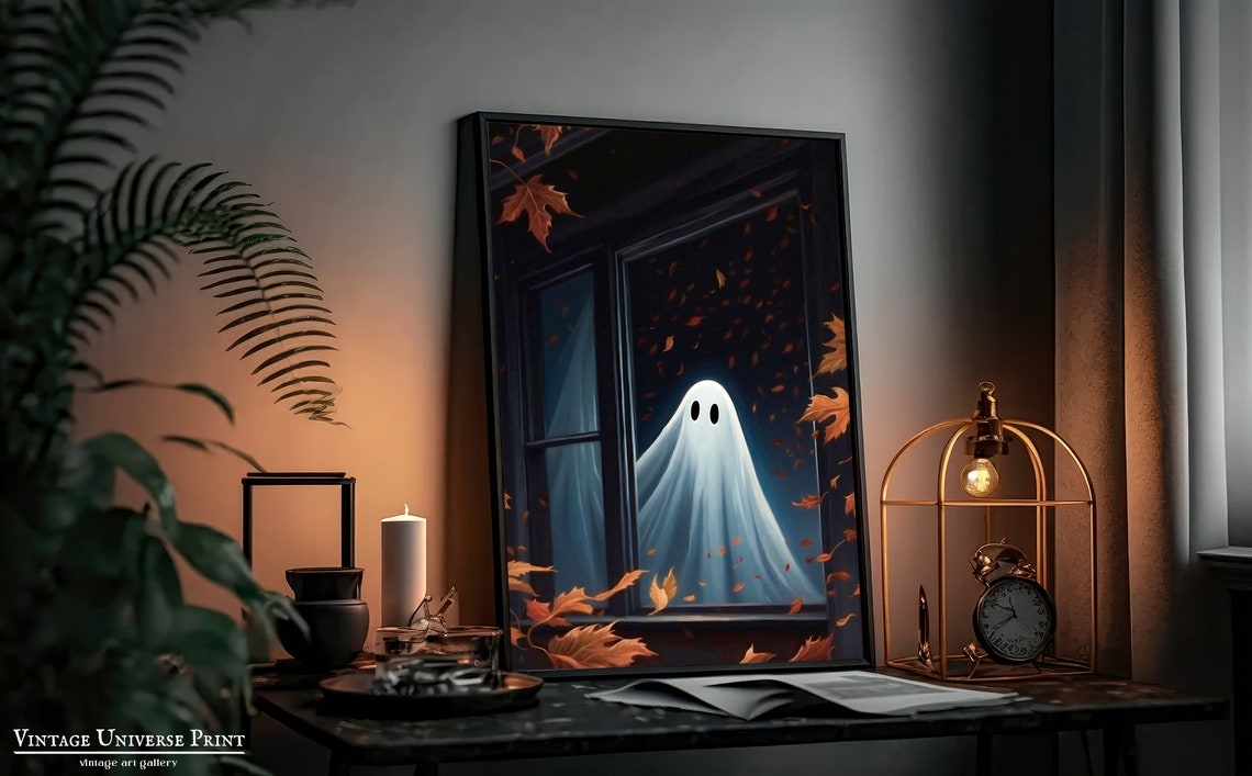 Ghost Peering Through A Night Window With Falling Autumn Leaves Poster - Image 3