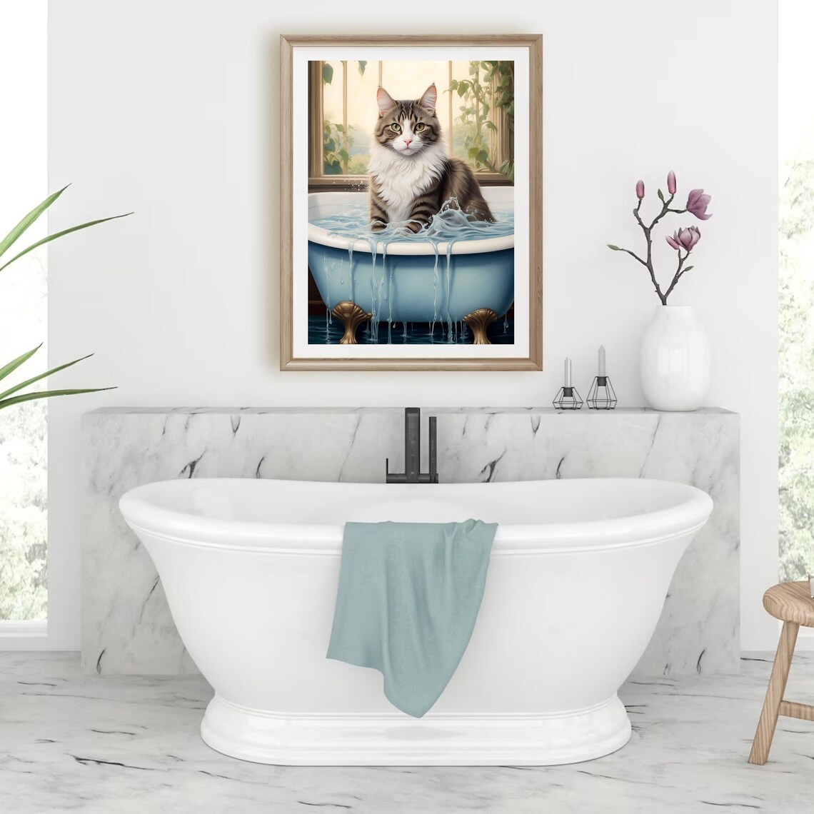 Fluffy Tabby Cat Soaking in a Blue Bathtub with Splashing Water Cute Poster - Image 5