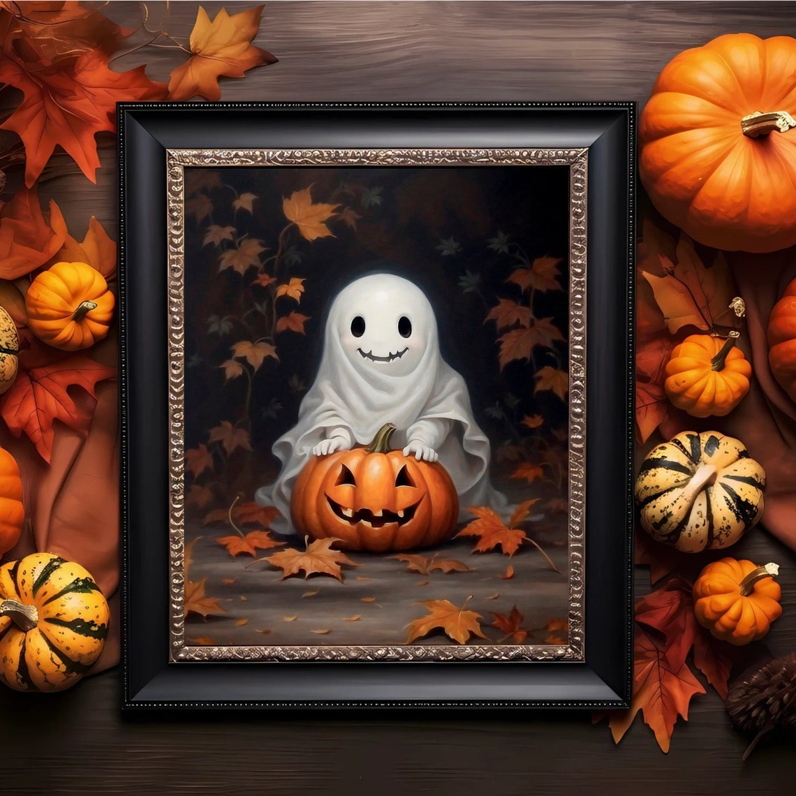 Cute Ghost With Jack O Lantern Among Falling Autumn Leaves Poster - Image 5