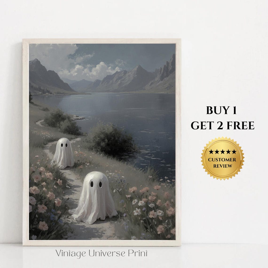 Two Ghosts Walking By A Mountain Lake Cute Spooky Halloween Poster