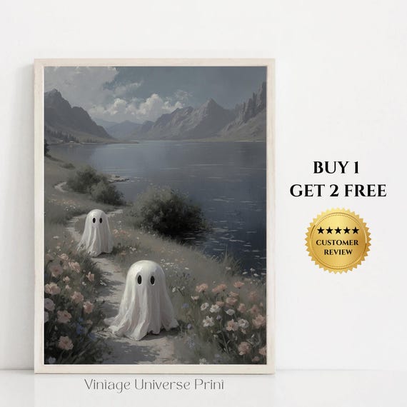 Cute Ghosts In Lake Mountain Vintage Print Meadow Flower Landscape Painting Ghost Art Halloween Wall Art