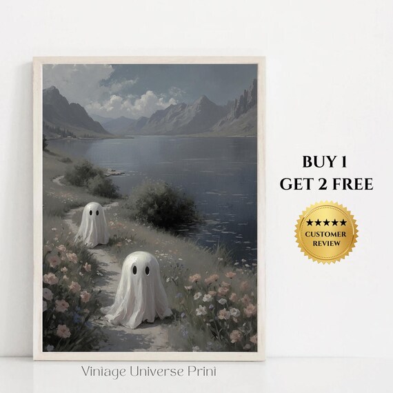 Two Ghosts Walking By A Mountain Lake Cute Spooky Halloween Poster