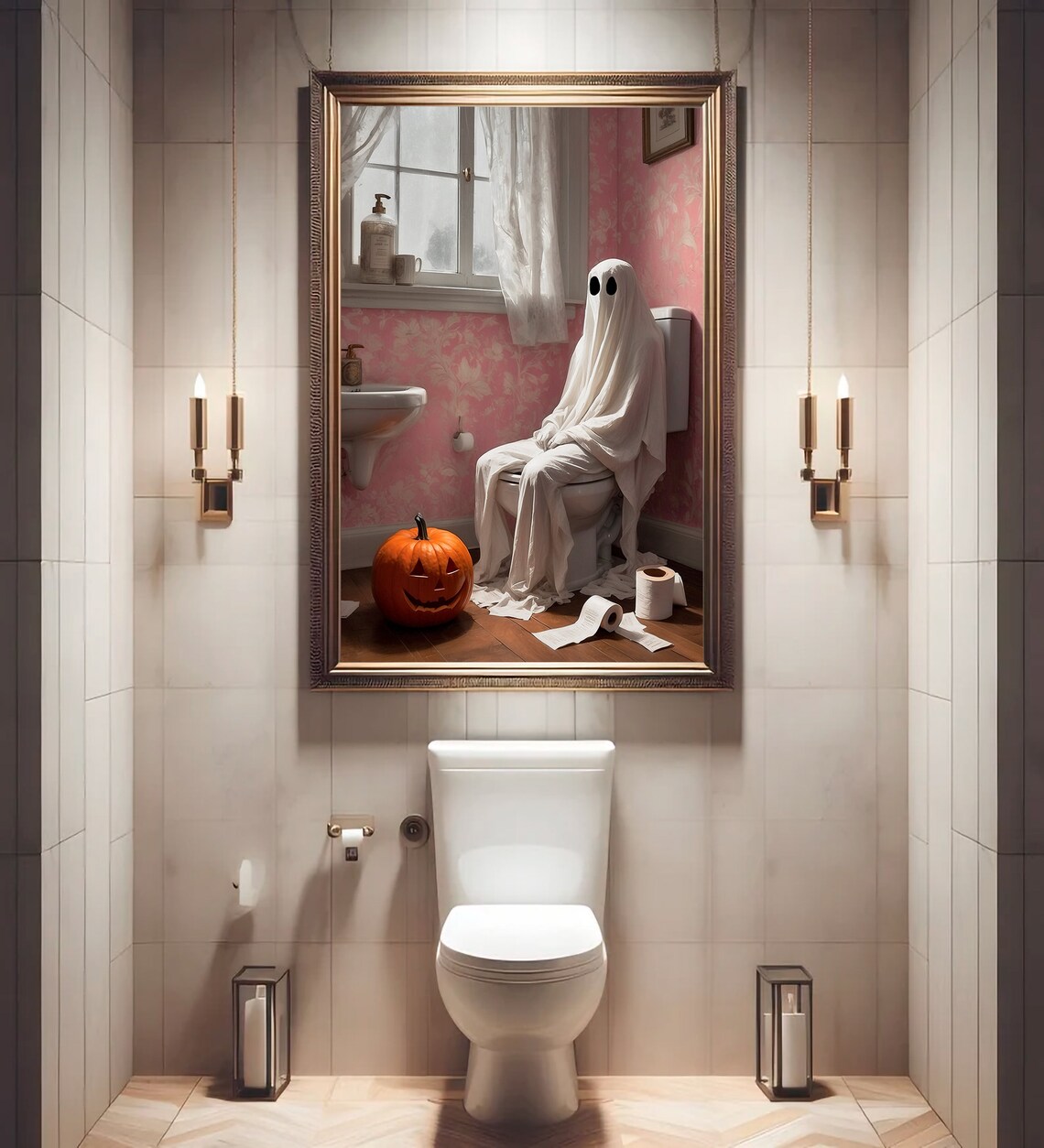 Ghost Sitting On A Toilet In A Pink Floral Bathroom Funny Halloween Art Print - Image 2