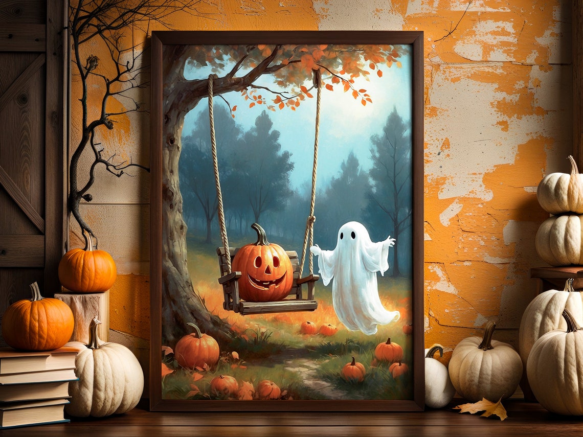 Ghost Pushing Pumpkin on Tree Swing Autumn Halloween Scene Print - Image 4