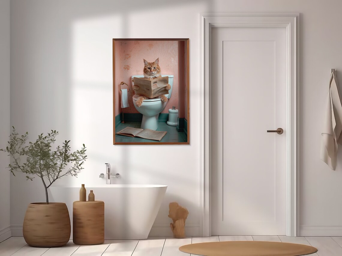 Orange Cat Reading Newspaper On Toilet Funny Cat Bathroom Poster - Image 2