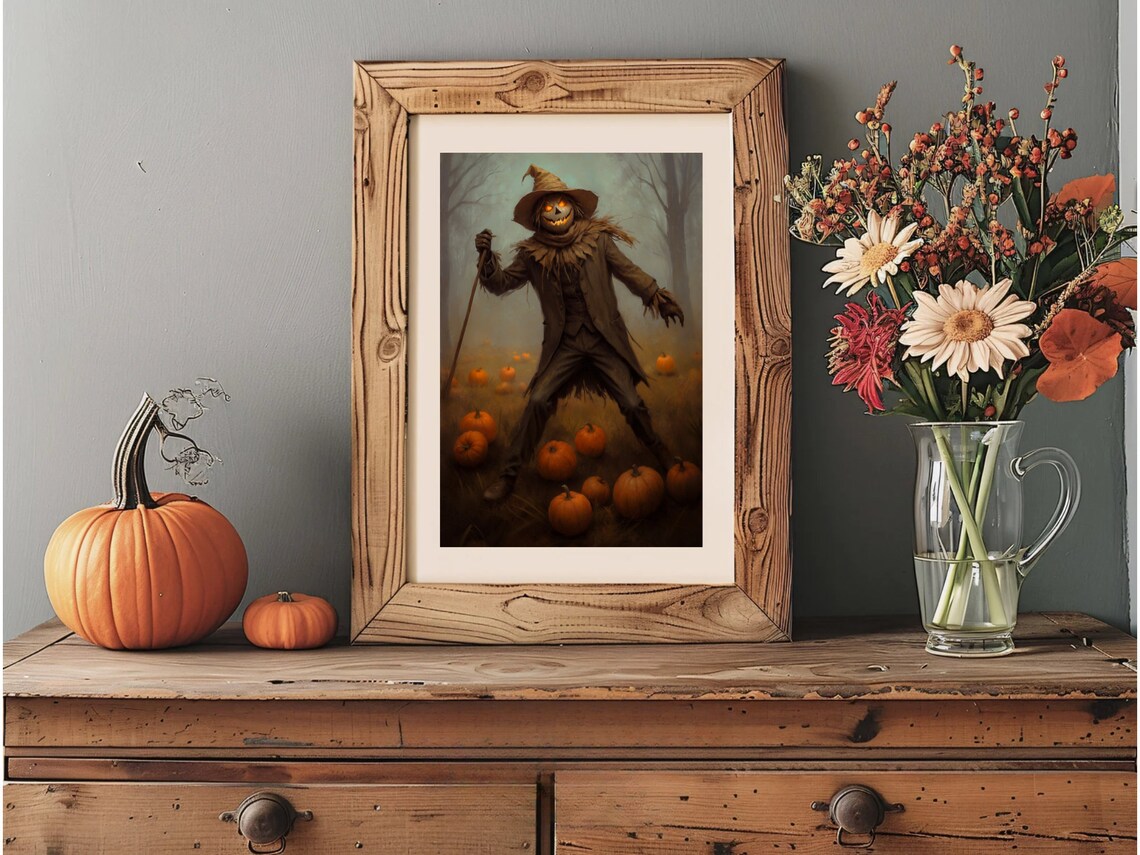Spooky Scarecrow With Glowing Pumpkin Head In Pumpkin Patch Painting Poster - Image 3