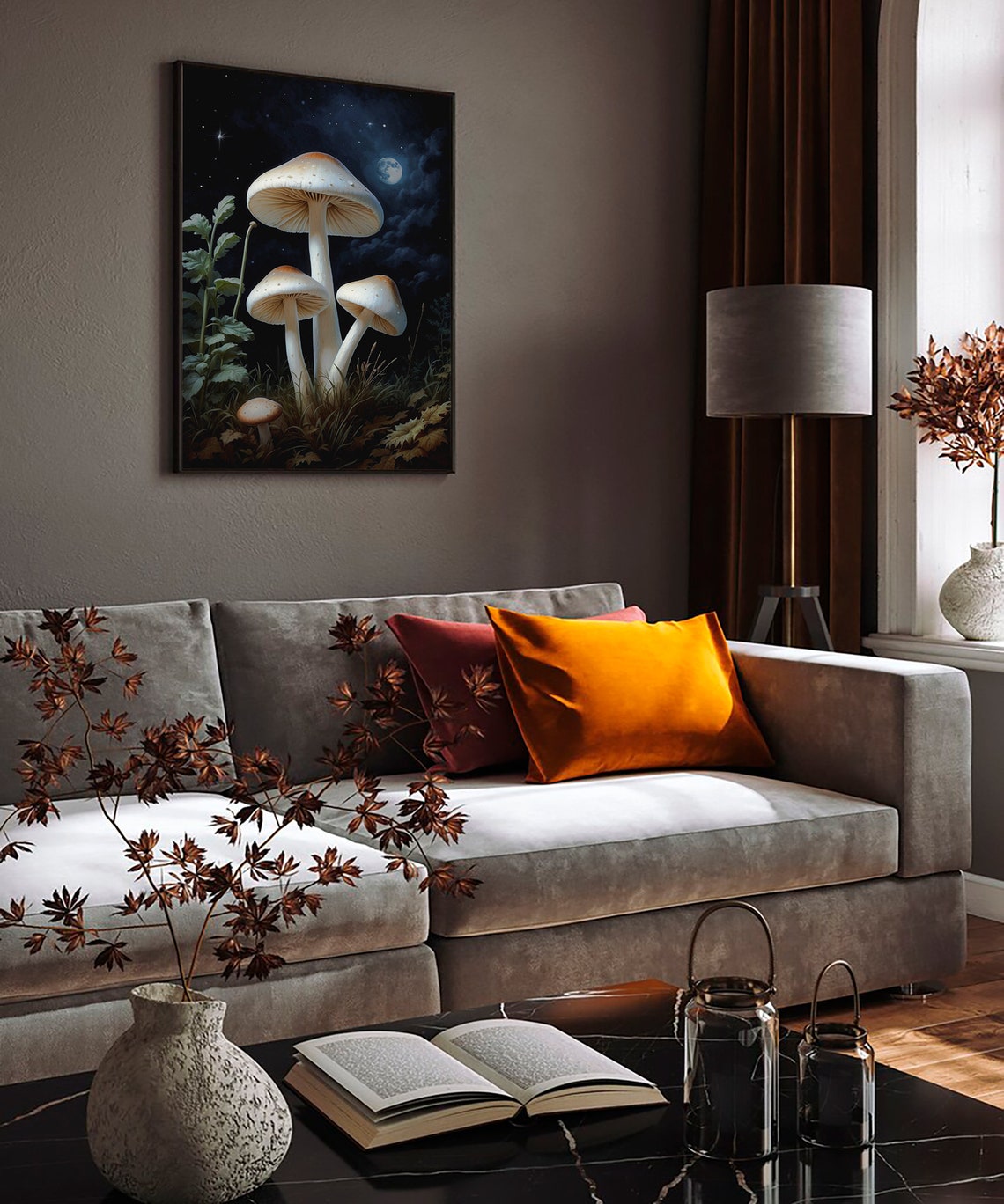 Cream Mushrooms in a Moonlit Starry Night Forest Clearing Art Print - Image 2
