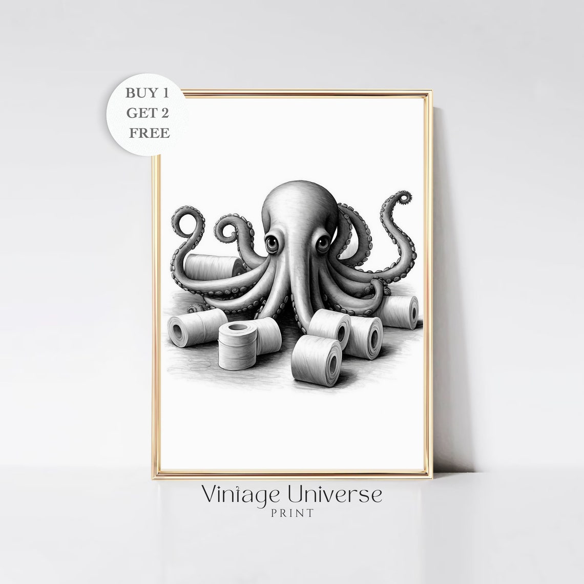 Octopus With Toilet Paper Rolls Black And White Bathroom Poster