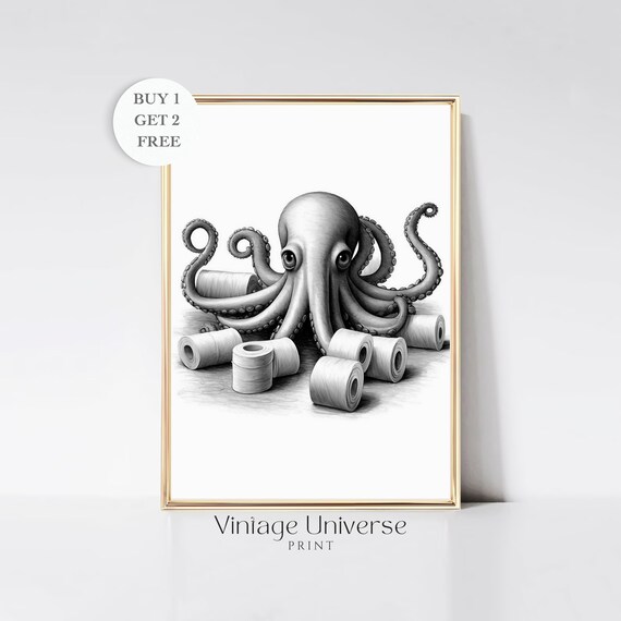 Octopus Bathroom Print Octopus Wall Art Bathroom Wall Art Funny Bathroom Art Black And White Poster Sea Animal Decor Art