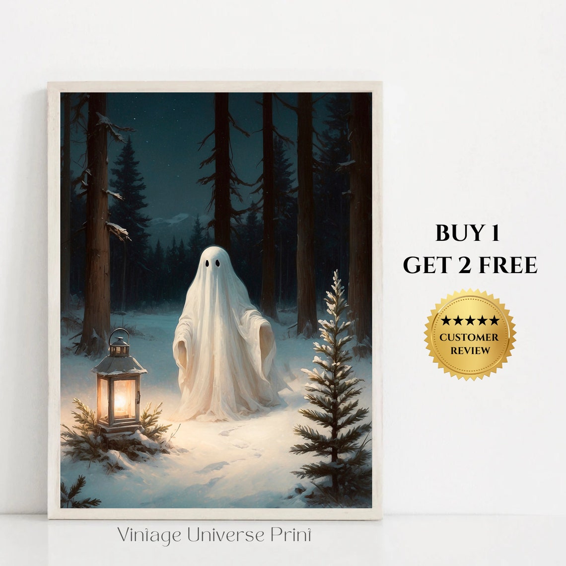 Ghost with Glowing Lantern in Snowy Night Forest Winter Print