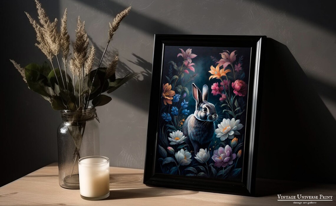 Grey Rabbit Colorful Blooms Moody Floral Night Garden Poster - Image 3