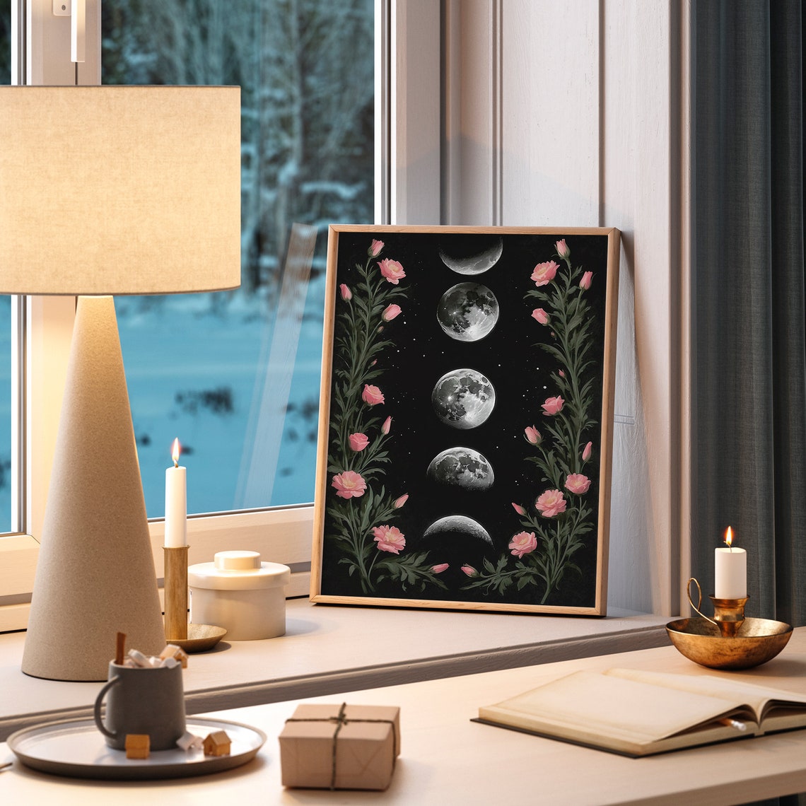Moon Phases Vertical with Pink Blossoms on Black Celestial Art Print - Image 3