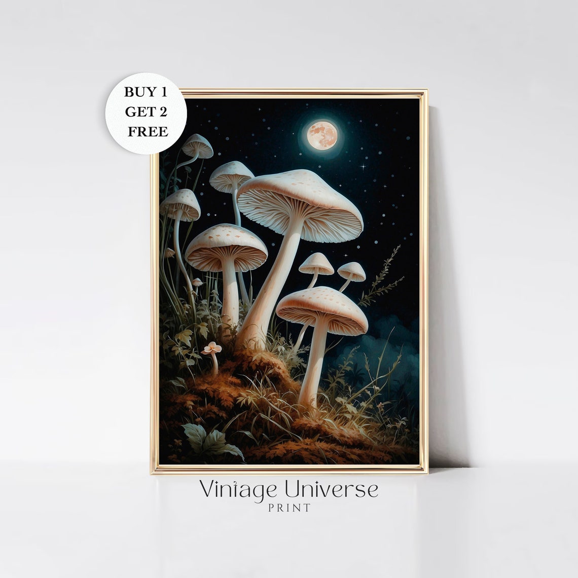 Giant White Mushrooms Under a Glowing Full Moon Starry Night Art Print
