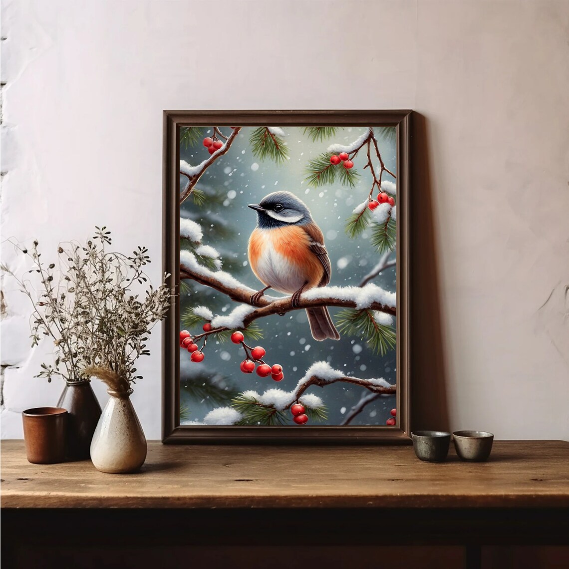 Orange Breasted Songbird On A Snowy Branch With Red Berries Print - Image 2