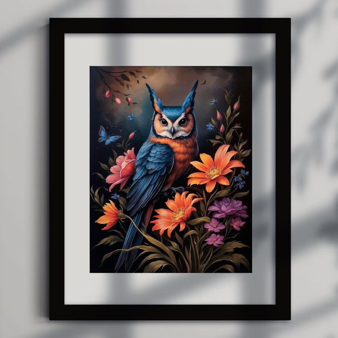 Blue Owl With Orange Breast Among Colorful Flowers On Black Poster - Image 5