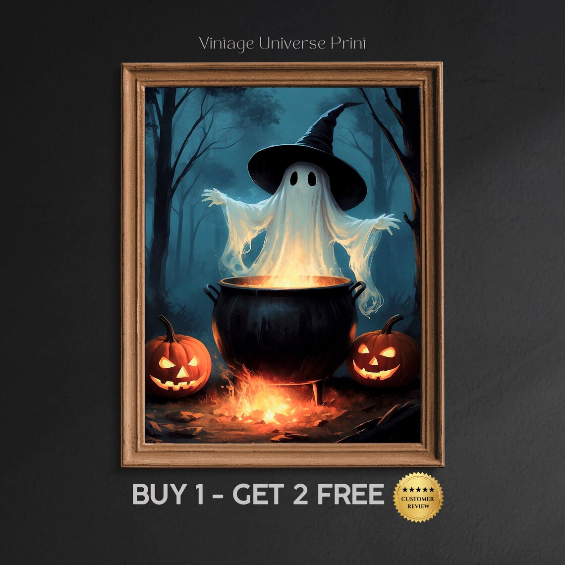 Witch Hat Ghost Brewing A Glowing Cauldron With Jack O Lanterns Halloween Art Print