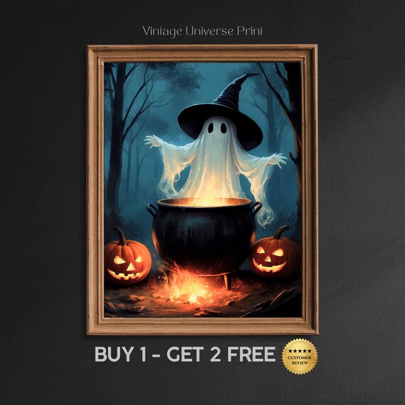 Witch Hat Ghost Brewing A Glowing Cauldron With Jack O Lanterns Halloween Art Print