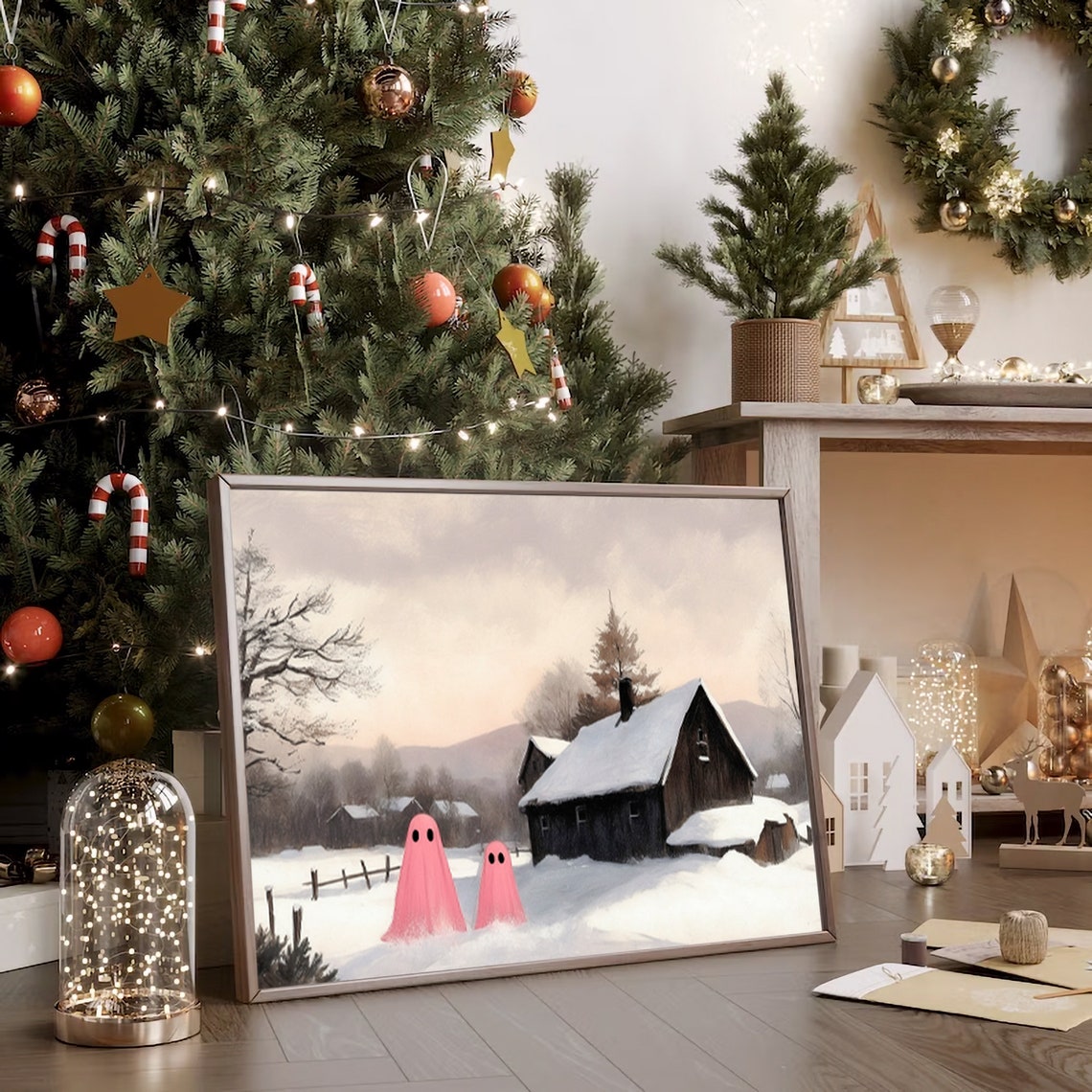 Two Pink Ghosts by Snowy Barn Rustic Winter Farm Scene Print - Image 2