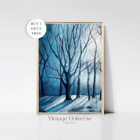Bare Trees Blue Winter Sky Snowy Ground Moody Woodland Poster