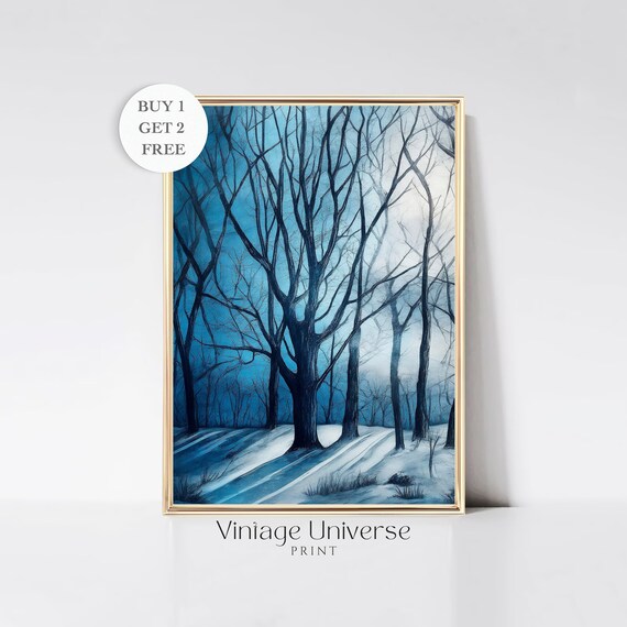 Winter Forest Landscape Painting Moody Country Scenery Vintage Forest Winter Wall Art Forest Painting Snowy Winter Trees