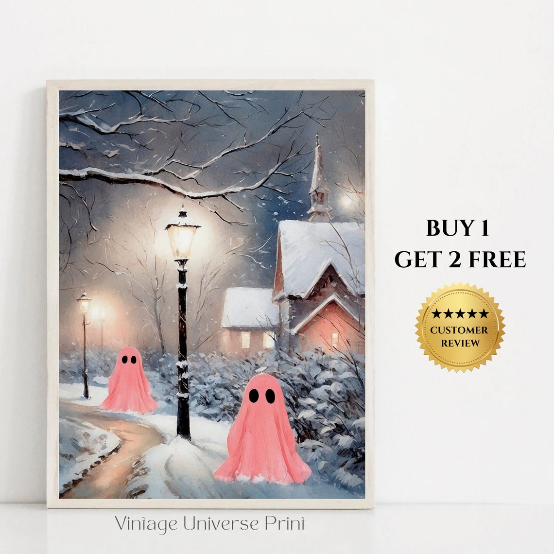 Cute Ghosts In Winter Town Vintage Painting Snowy Art Print Christmas Village Print Holiday Painting Seasonal Home Decor Printable04