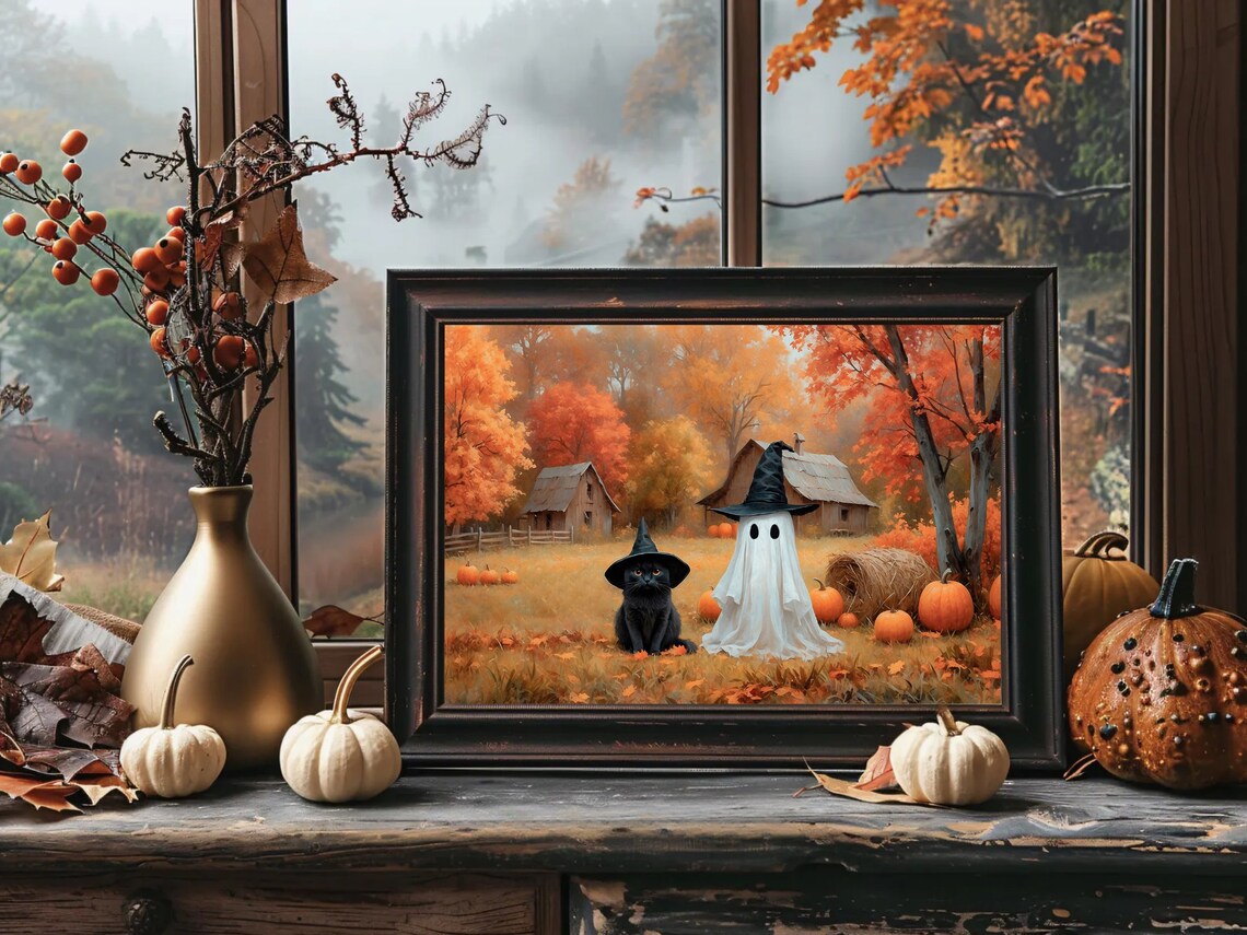 Ghost And Black Cat In Witch Hats At Autumn Pumpkin Farm Halloween Painting Poster - Image 4