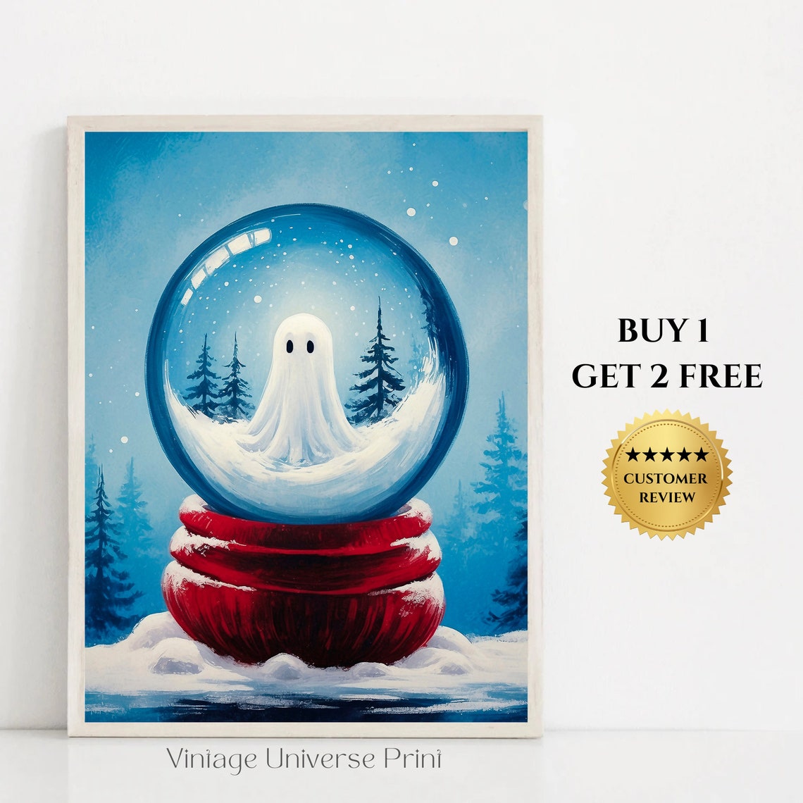 Ghost Inside Snow Globe with Red Base Christmas Painting Print