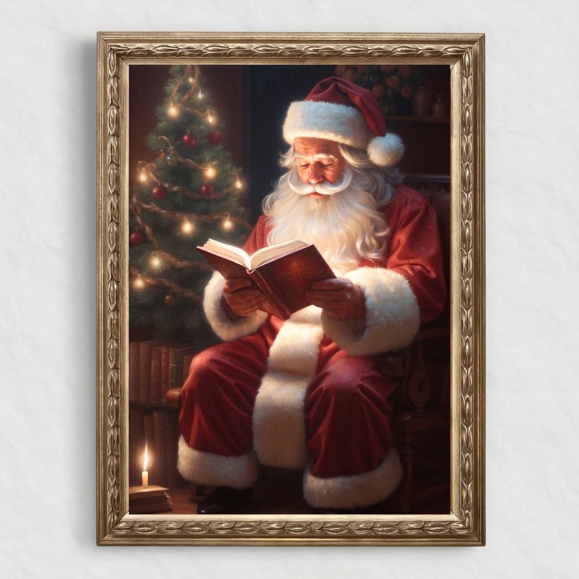 Santa Claus Vintage Print A Moment Of Peaceful Reading Santa Claus Vintage Christmas Wall Art Christmas Oil Painting - Image 4