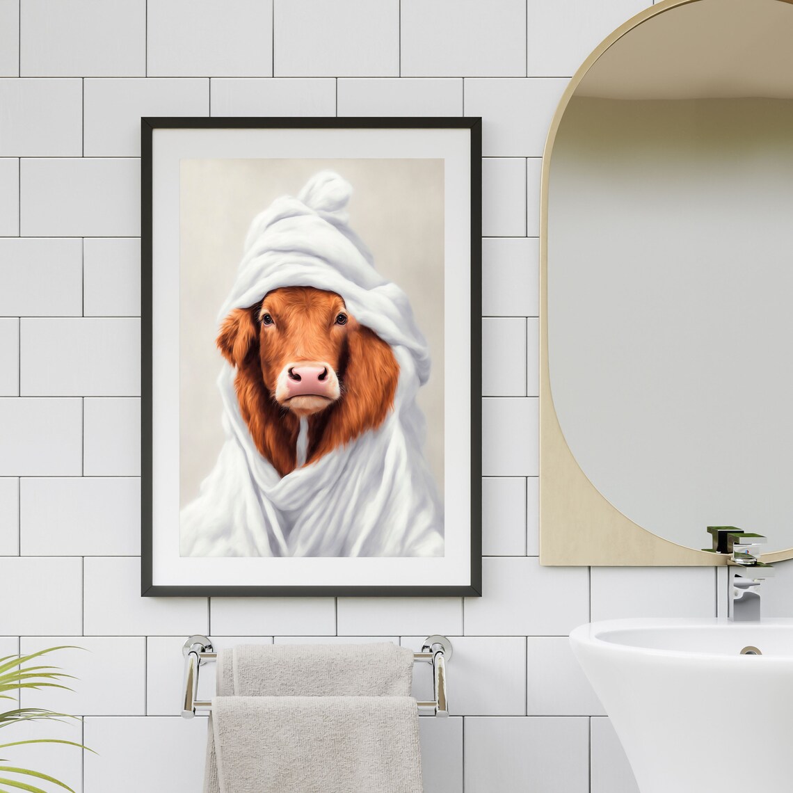 Highland Cow Wrapped in a Fluffy White Towel After a Bath Funny Print - Image 4