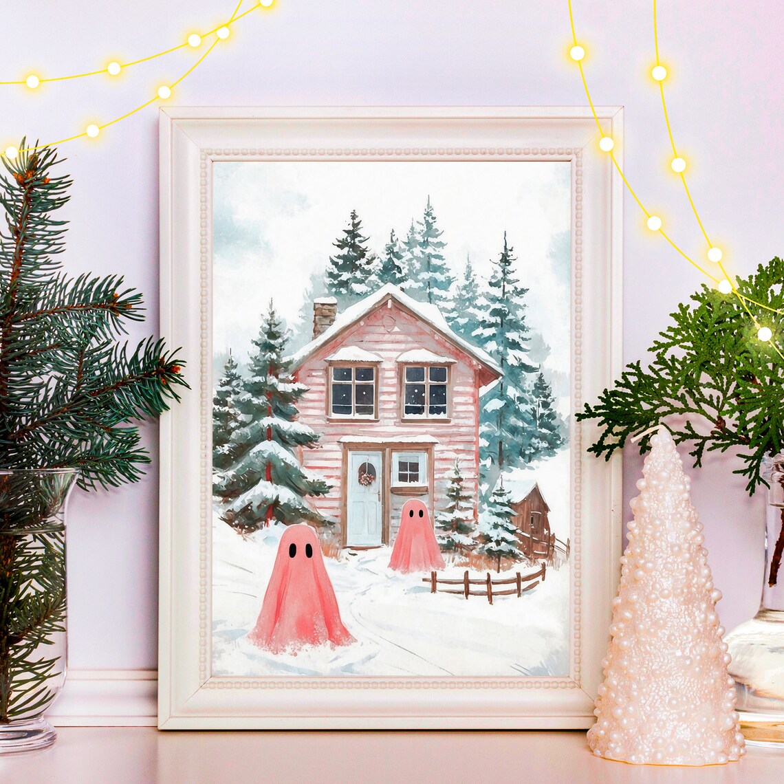 Two Pink Ghosts Before Pink Wooden Cottage in Snowy Pines Print - Image 4