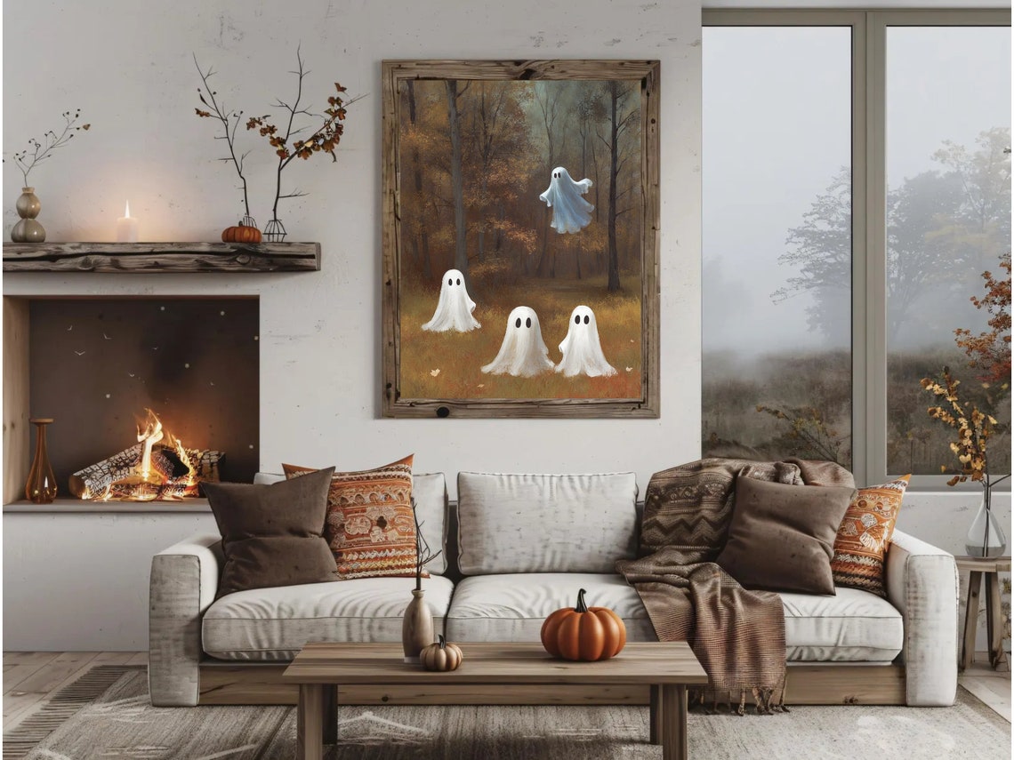 Four Ghosts In Dark Misty Autumn Forest Vintage Halloween Poster - Image 3