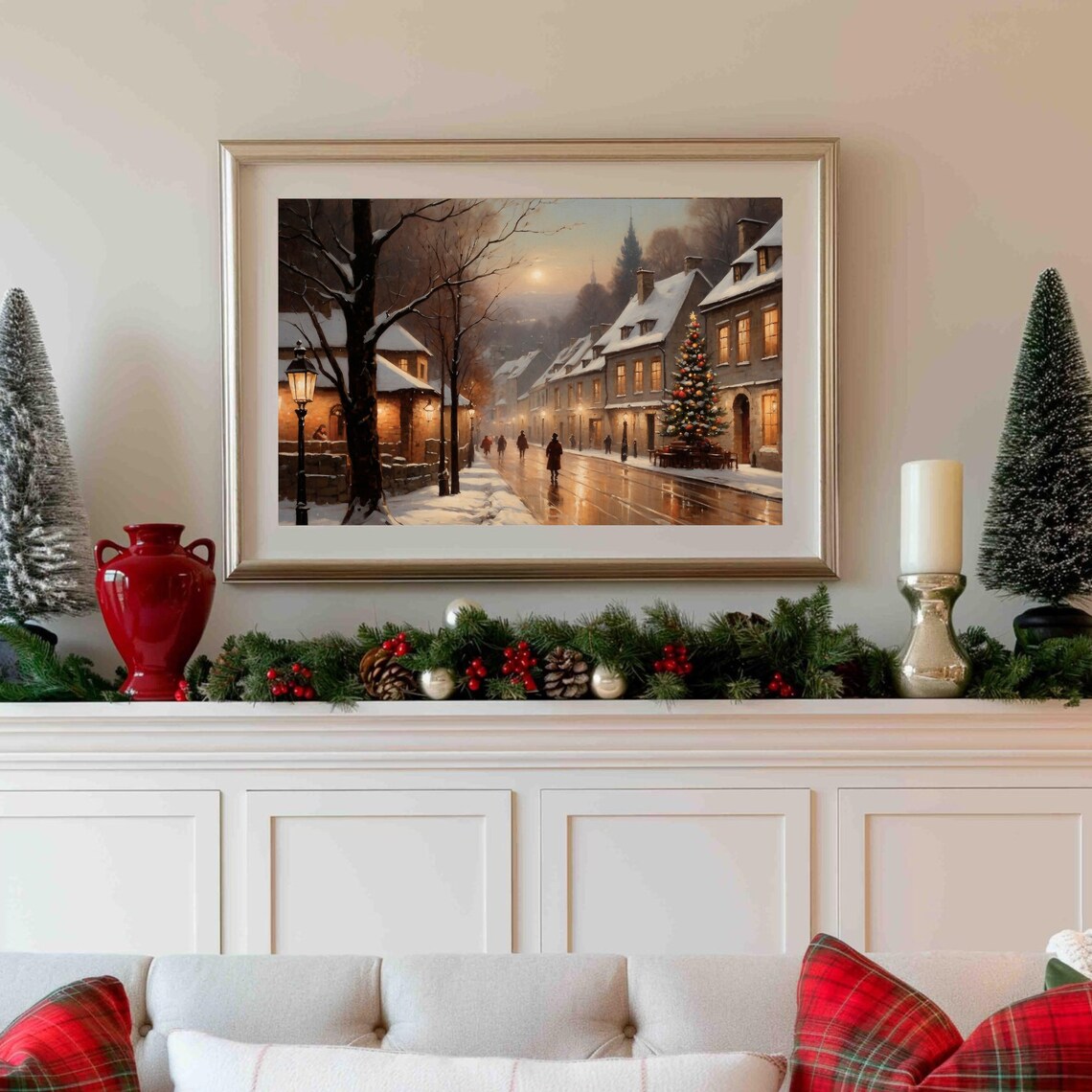 Snowy Village Street Christmas Tree Glowing Dusk Winter Poster - Image 4