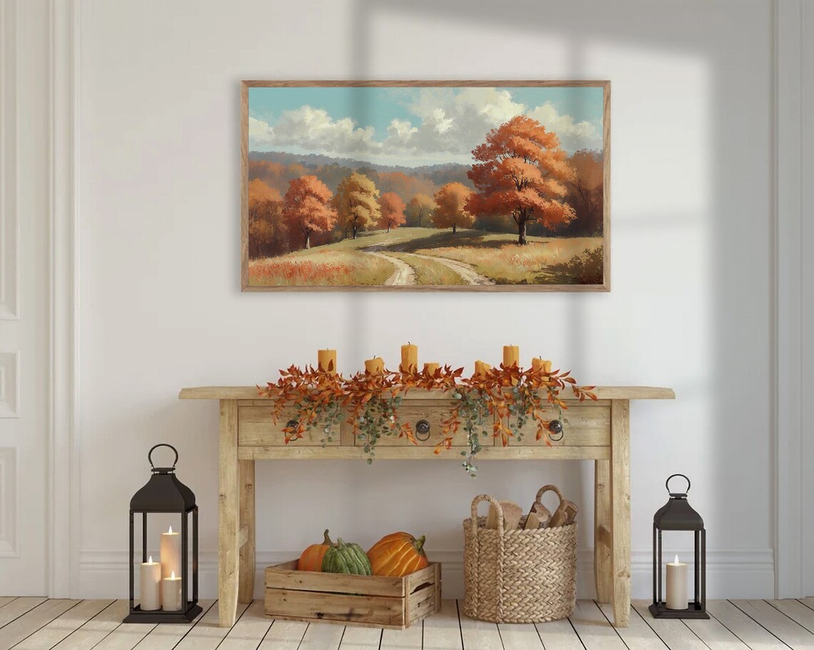 Golden Autumn Hillside Winding Path Orange Foliage Scenic Poster - Image 3