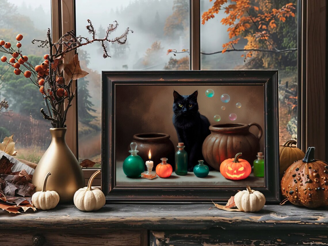 Black Cat With Witch Potions And Jack O Lantern Halloween Still Life Poster - Image 3