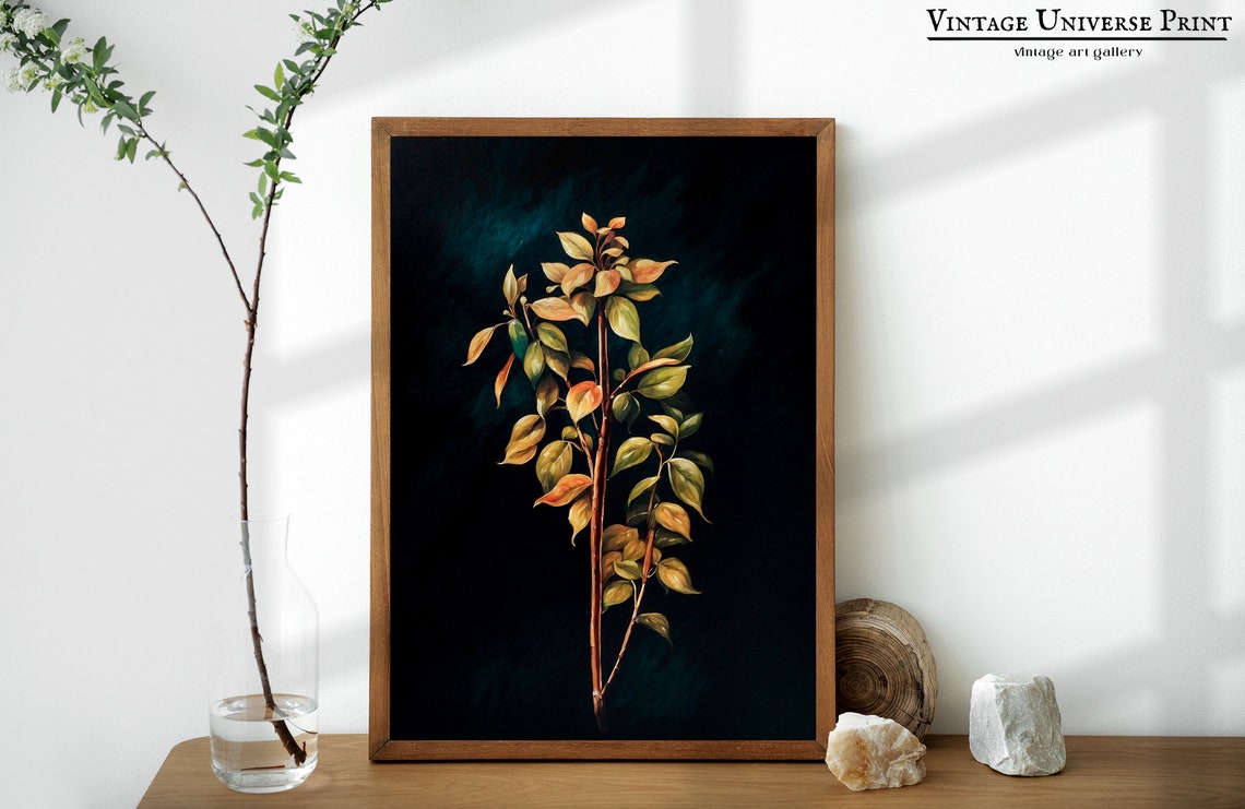 Autumn Branch with Golden Leaves Dark Botanical Study Poster - Image 4