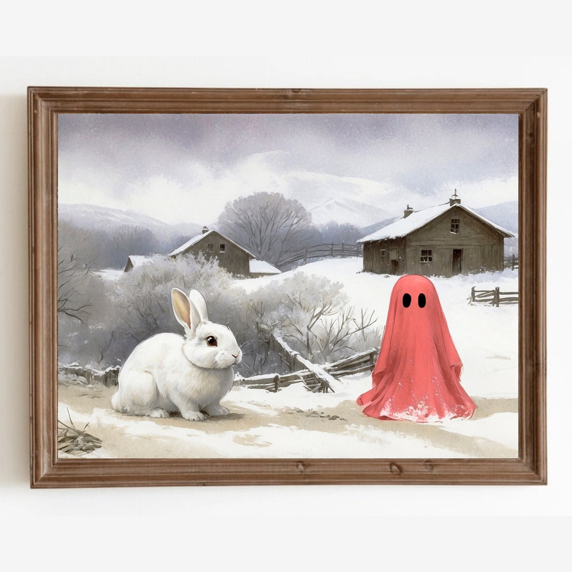 Pink Ghost with White Rabbit in Snowy Farm Landscape Scene Print - Image 4