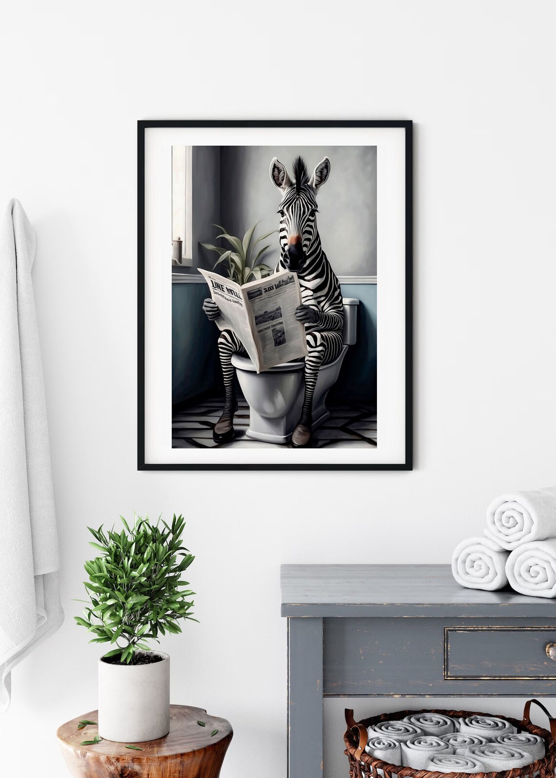Zebra Sitting on a Toilet Reading the Newspaper Funny Bathroom Wall Art - Image 4