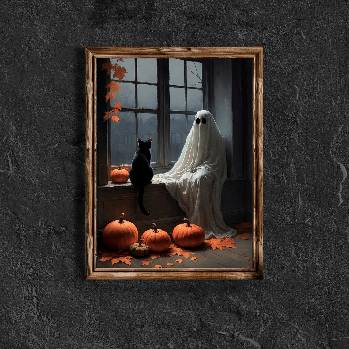 Ghost And Black Cat Sitting In A Rainy Window With Pumpkins Halloween Art Print - Image 4