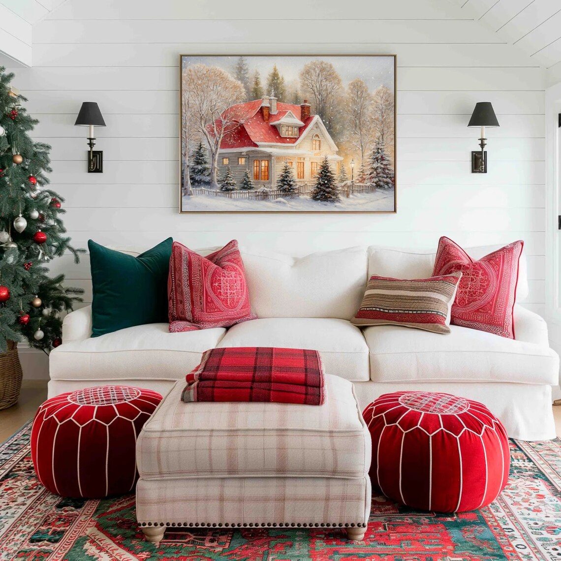 Cozy House Red Roof Snowy Night Warm Lights Christmas Poster - Image 3