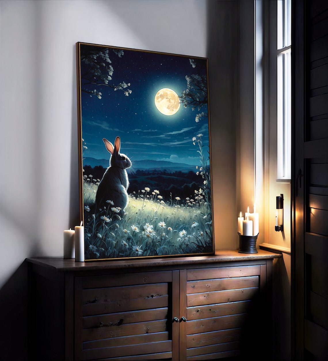Rabbit Silhouette Gazing at Full Moon in Daisy Field Night Art Print - Image 5