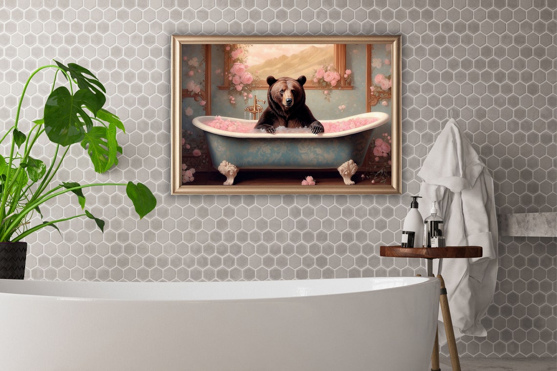 Brown Bear Relaxing in a Clawfoot Tub of Pink Rose Petals Funny Poster - Image 5