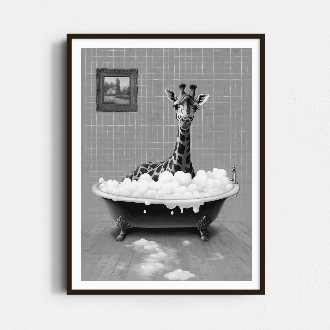 Giraffe Soaking In A Bubble Bath Black And White Funny Poster - Image 4