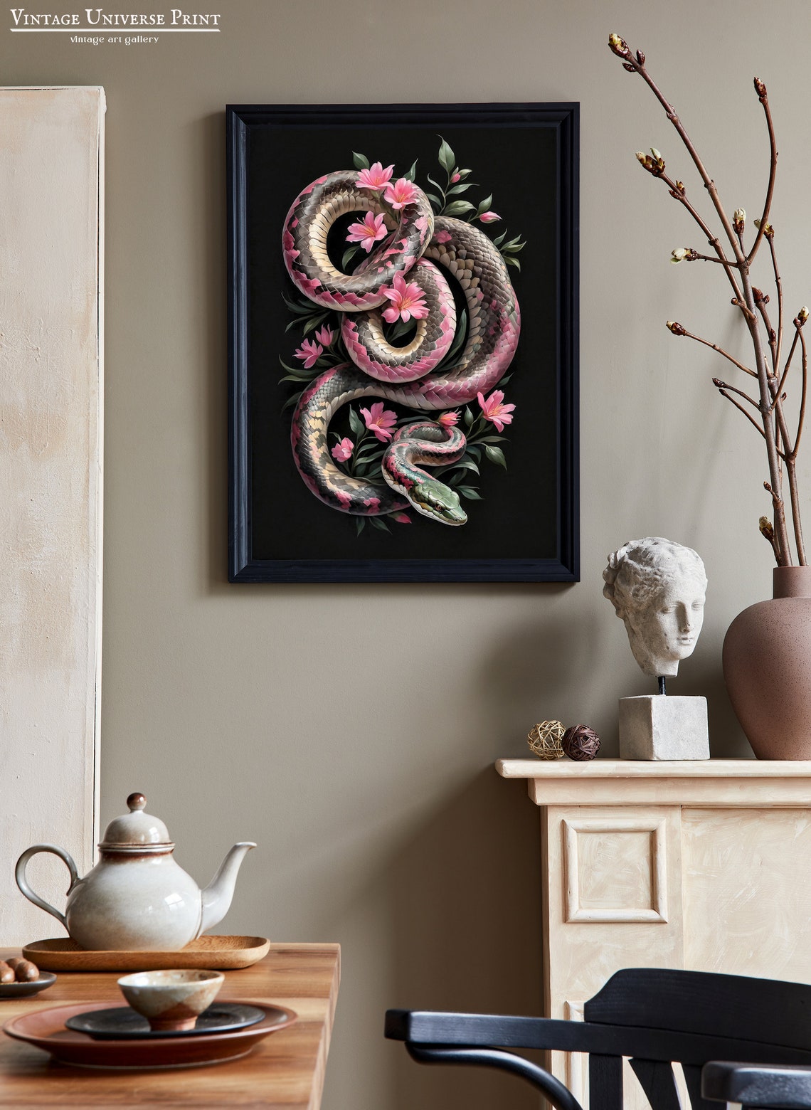 Pink Snake Blossoms Moody Botanical Black Background Wall Art - Image 2